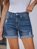 Summer New Female Straight Tube Worn Rolled Edge Denim Shorts-Outfit
