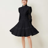 Fongt Elegant Bubble Sleeve Lace Splicing Mesh Dress Women's Court Collar Lantern Sleeve A-Word Skirt