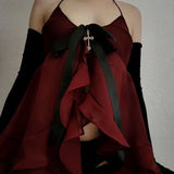 Spice Girl Style Lotus Leaf Edge V-Collar Low-Cut Elegant Net Hanging Neck Bright Red Halter Top 2024-Outfit