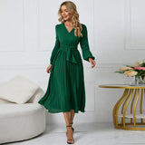 Fongt Thin Women's New Long-Sleeved Slim 100-Folded Belt V-Neck Dress A-Dress