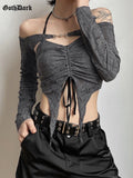 Dark Vintage Mall Gothic Drawstring Women T-shirts 2 Piece Set Y2k Retro Fairy Grunge Camisole Long Sleeve Buckle Crop