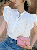 Fongt Sense Of White Shirt Summer French White Shirt Lotus Sleeves Of The Famous Wind Short Top Korean European Women's Clothing