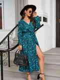 Women's Clothing Station Autumn And Winter Leopard Grain Open Fork Closed Waist Long-Sleeved Dress-Outfit