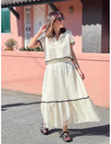 Fongt Summer New Women's Comfortable Casual Shirt Collar Lace Long Skirt Suit 88133-Outfit