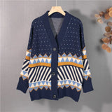 New 2021 Women's Autumn Winter Sweaters V-Neck Oversized Elegant Buttons Cardigans Checkered Vintage Tops