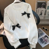Clothing Fashion Bow Diamonds Pullovers Spring Autumn Casual Long Sleeve Korean Solid Color Loose Round Neck Sweatshirts-Outfit