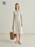 Jacquard French Gentle White Women Dress V-Neck Summer 2022 New Solid Short Slevee Mid-Calf Straight Boho Women