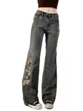 Fongt West Of The Cowboy Wind Plant Flowers Embroidered Low-Waisted Trousers Hottie Water Wash Old Leisure Trousers