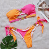 Fongt Sexy Crystal Diamond Bikini Detachable Breast Pad Swimsuit Patchwork Strapless Strap Split