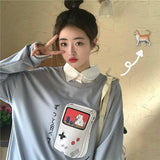 oversized Hoodie women's cartoon printed thin Sweatshirt loose fashion turn-down collar women Fake Two-Piece