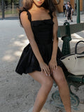Black Square Neck Pleated Dress Mini Lovely Casual A Line Birthday Party Dresses Sexy Women Clothes-Outfit