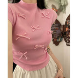 Fongt Wind Gentle Niche Bow High-Neck Short Sleeve New T-Shirt Summer Slimming Short Blouses