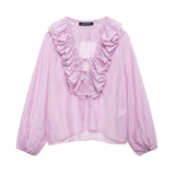 Fongt Early And Early Autumn New French Sweet V-Neck Thin Long-Sleeved Lotus Leaf Shirt Top 8544207