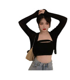 Fongt New Two-Piece Set Of Women's V-Neck Short Coat Thin Sunscreen Cardigan Breasts And Bottom Vest