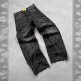 Ancient Bat Pattern Embroidered Loose Jeans Men's Street Y2K Pants Lazy Jeans-Outfit