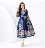 Fongt Famous Woman On Holiday Wrapped With V-Neck Lantern Sleeve Long Retro-Print Dress Elegant Woman