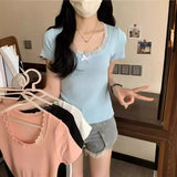 New Pure Lust Lace Lace Short Sleeve Slim T-Shirt Thin Bow Design Short