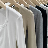 New Spring And Autumn Style Threaded Square Collar Long-Sleeved T-Shirt Women's High Waist Leaky Navel Minority Solid Color