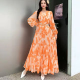 Fongt Temperament Dress Women 2025 Summer New High-End Feeling Waist Round Lantern Sleeve Print Dress