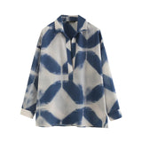 New Xiaoxiangfeng POLO Collar Blue Printed Long-Sleeved Shirt-Outfit