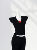 Fongt Show Thin Ultra-Soft Short Knit Top Women's Summer Thin V-Neck Small Flying Sleeve Black Rose Lace-Up Short Sleeve-Outfit