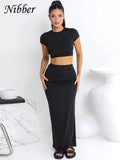 Basic Solid Casual Two Piece Set Women Hipster Short Sleeve O-neck T-shirts + Matching Hip Skirt Female Bare Midriff Suit-Outfit