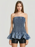 Fongt Hot Girl Wind 2024 Autumn New Wipe Breast Elastic Design Slim Denim Flounce Short Dress-Outfit