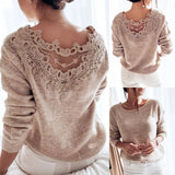 Sexy Elegant Lace Stitching Backless Pullover Sweater Women's Clothes Long Sleeve Jumper Top Knitted Sweater
