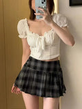 Fongt Vintage Lattice Bran Skirt Girl Summer Babes Thin High Waist Ultra-Short Skirt College Style JK Skirt