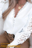 V-neck Long Lace Sleeve White Blouse Women Autumn 2023 Hollow Out Stitching Elegant Tops Vintage Lady Shirt Blusas