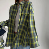 Fongt Style Versatile Lapel Loose Shirt 2024 Spring And Autumn Plaid Long Sleeve Pocket-Outfit