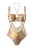 2024 Sexy Empty Drawstring New Laser Bright Face Swimsuit Swimsuit