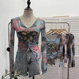 Real Shooting Amount Of Bumpy Tulle Spliced Denim Butterfly Design Sunscreen Coat V Collar Short T-Shirt