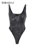 Denim Playsuits For Women Square Collar Sleeveless High Waist Patchwork Solid Minimalist Playsuit Female Summer