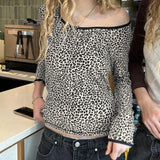 Fongt Spice Wind Leopard Print Color Long-Sleeved T-Shirt Round Collar Slim Thin Base Versatile Top Tide-Outfit