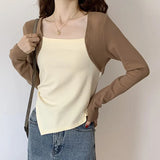 And Winter Color Positive Shoulder Fake Two Square Collar Blouses Women's Spring And Autumn Splicing Irregular Design Feeling Bottom Short