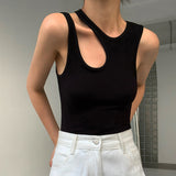 Fongt Hipster High Street Wind 2024 Summer Round Collar Side Irregular Hollow Out Design Women's Solid Color Slim Small Vest-Outfit