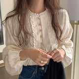 Fongt Retro Collar Lace White Shirt Women's Spring And Autumn Shirt High-End Chic Temperament Long-Sleeved Top