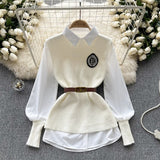 Fongt Style High-Level Light Luxury Lady Suit Women Autumn And Winter Solid Color Loose Long-Sleeved Shirt + Sleeveless Knitting Vest