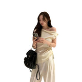 Fongt Chic Summer French Small Sexy Diagonal Collar Open Shoulder Side Draw Rope Tie Versatile Irregular Knit Woman-Outfit