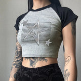 Fongt Girls Basic Top 2023 Summer Metal Five-Pointed Star Print Rotator Sleeve Contrast Color Round Collar-Outfit