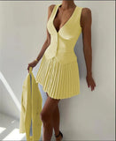 Solid V-neck Vest And Pleated Mini Skirt Set-Outfit