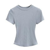 Trend Women's Wear Thread Slim Short-Sleeved T-Shirt Sexy Round Collar Solid Color Shoulder Show Thin Short Navel Blouse-Outfit