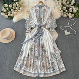 Fongt Retro High-End Lantern Long-Sleeved Print Dress Female Light Luxury Elegant Single Buckle Waist Swing Dress