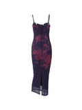 Backless Lace Trim Vintage Print Slit Maxi Dresses-Outfit