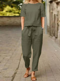Women Summer Solid Matching Set Half Sleeve O-Neck Oversize Thin Blouse Wide Leg Pant Femme Holiday Elastic Vintage