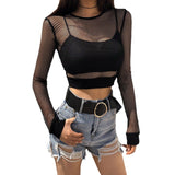 Fongt Summer Women's Solid Color Sexy Hollow Grid Bottom T-Shirt Top Women's Hair-Outfit