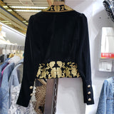 autumn new black heavy industry embroidery court style velvet slim fit casual