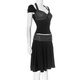 Black Polka Dot Patchwork Top And Midi Skirt Set-Outfit