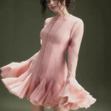 Frill Buttoned Long Sleeve Midi Dress-Outfit